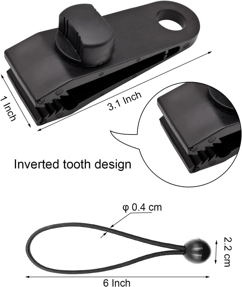BINCKIN 20 Pcs Heavy Duty Tarp Clips with Bungee Cord Balls, Lock Grip Secure Clamps for Tent, Canopy, Awning & Camping Gear (Black) - Image 2